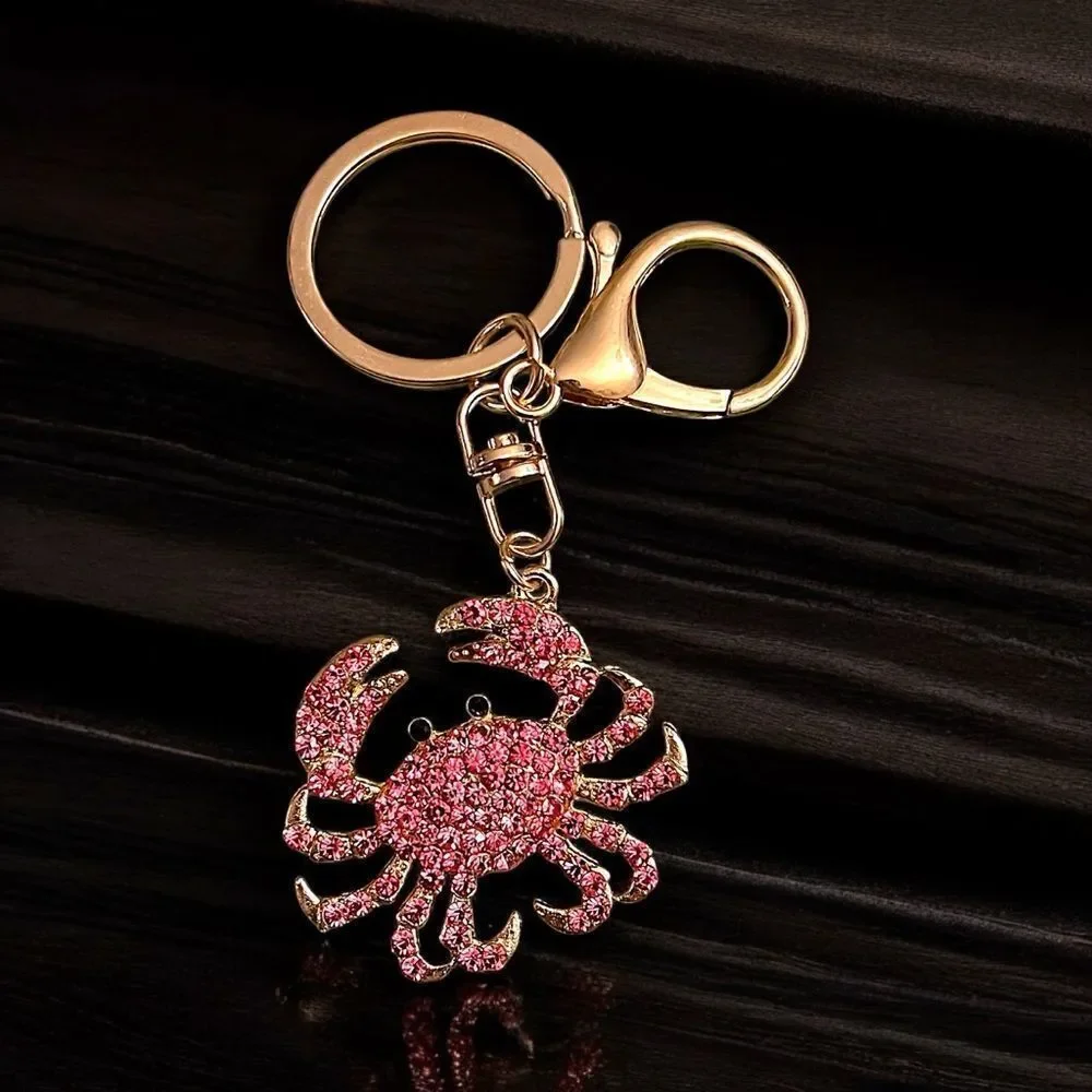 Crab Pink Rhinestone Gold Tone Keychain NWT
